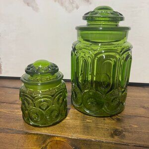1960's Vintage LE Smith Moon & Stars Green Glass Canister Apothecary Jar Set‎ 2